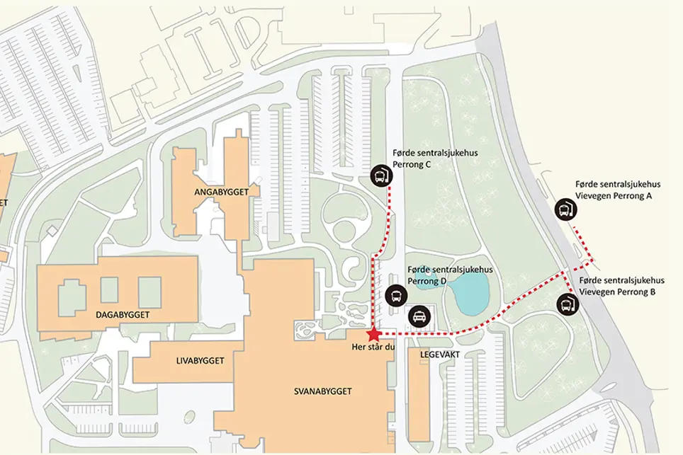 Kart med haldeplassane avmerka.
