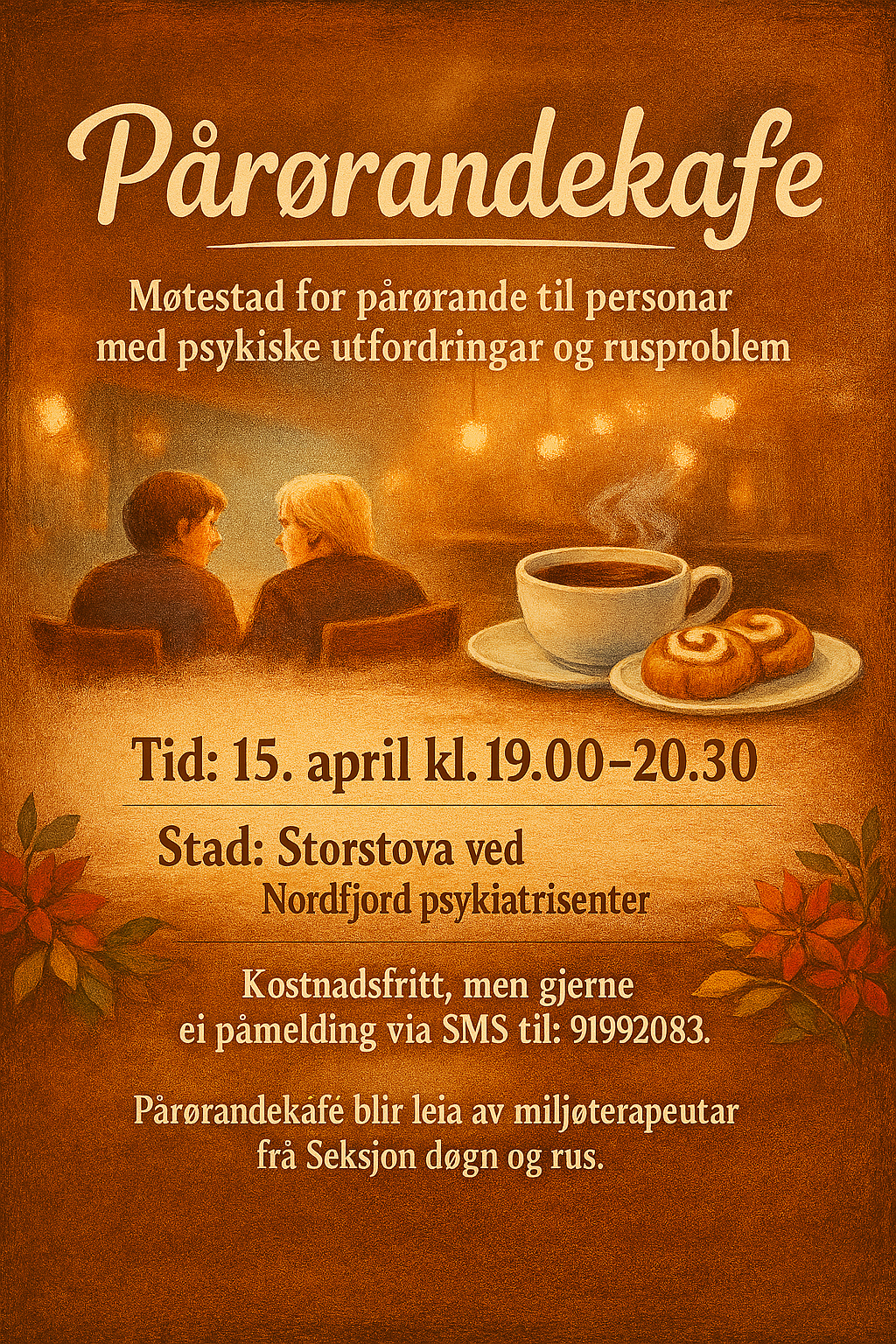 Illustrasjon som viser eit par som sit og snakkar, og ein kopp med kaker ved sidan av