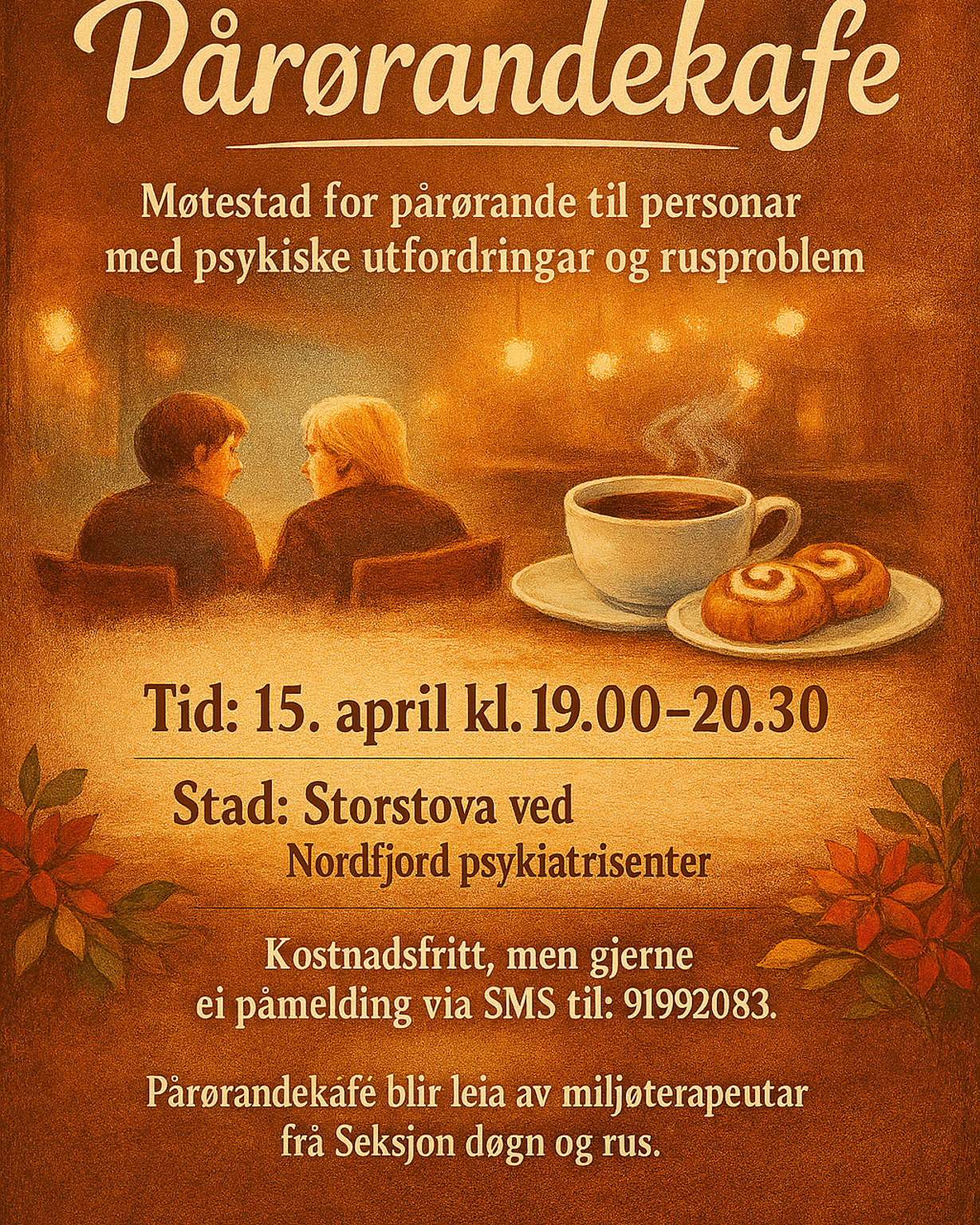 Illustrasjon som viser eit par som sit og snakkar, og ein kopp med kaker ved sidan av