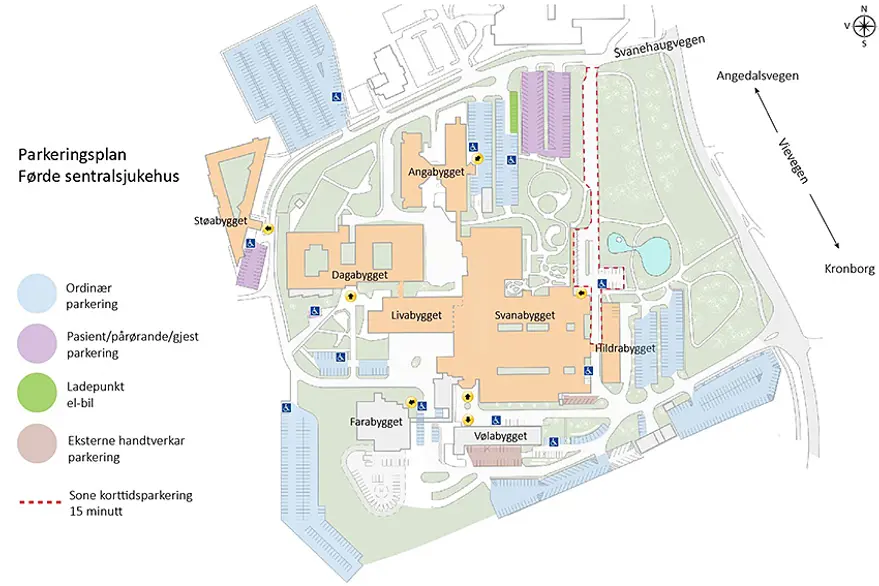 Kart over området til Førde sentralsjukehus som viser parkeringsplassar