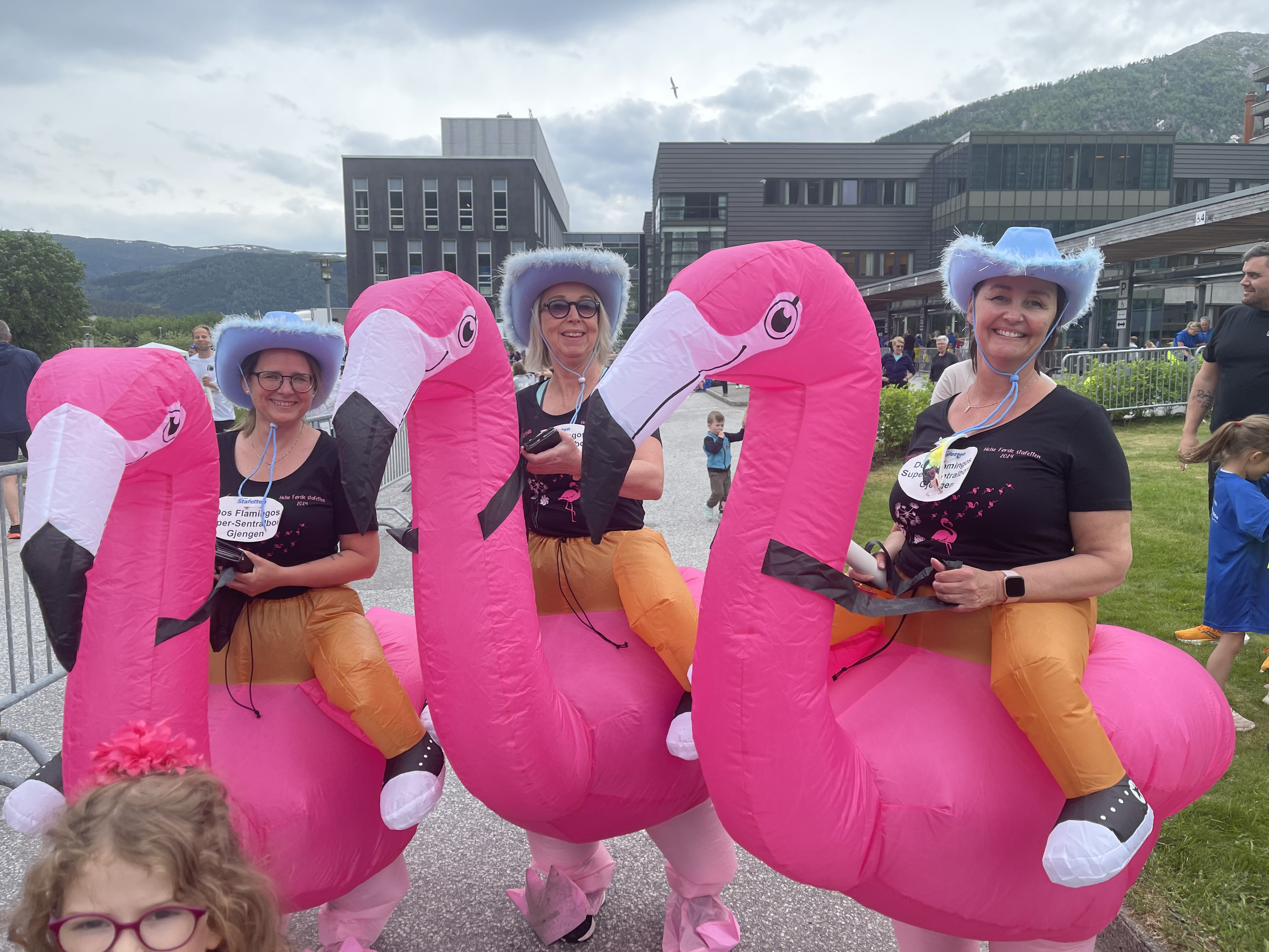 Ei gruppe menneske utkledd som flamingoar