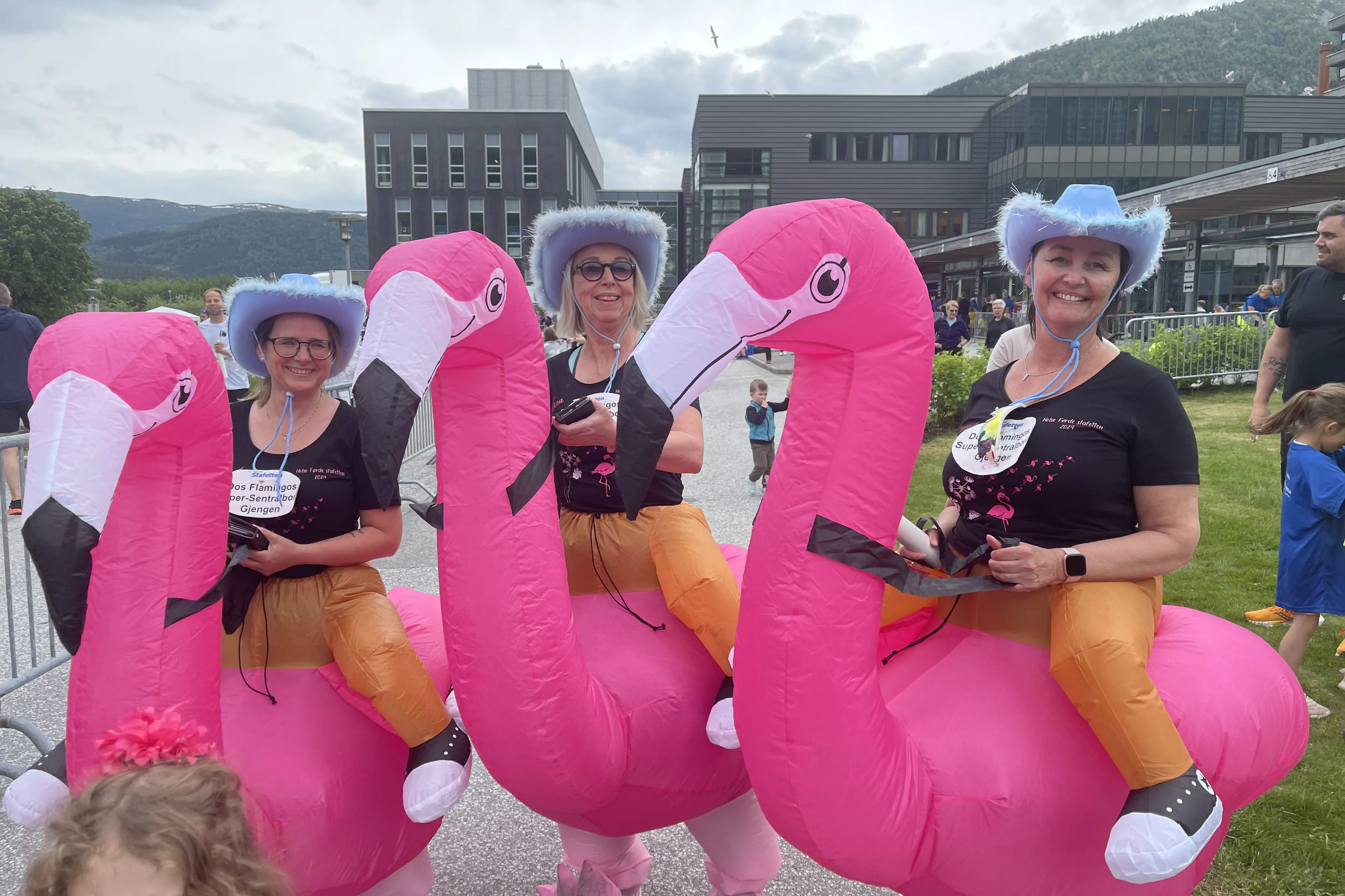 Ei gruppe menneske utkledd som flamingoar