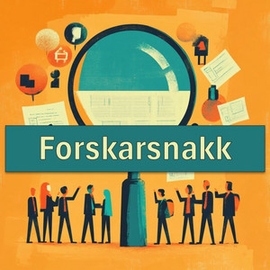 Illustrasjon som viser teikna menneske som står under eit forstørrelsesglass med diverse ikon rund. Teksten "Forskarsnakk" står skrevet på.