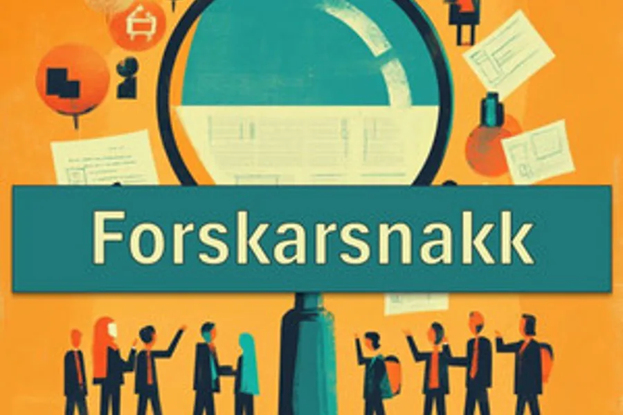 Illustrasjon som viser teikna menneske som står under eit forstørrelsesglass med diverse ikon rund. Teksten "Forskarsnakk" står skrevet på.