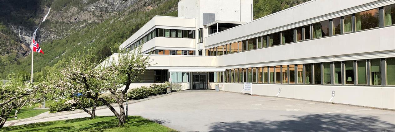 Institusjon med blomstrande frukttre og flagg framfor