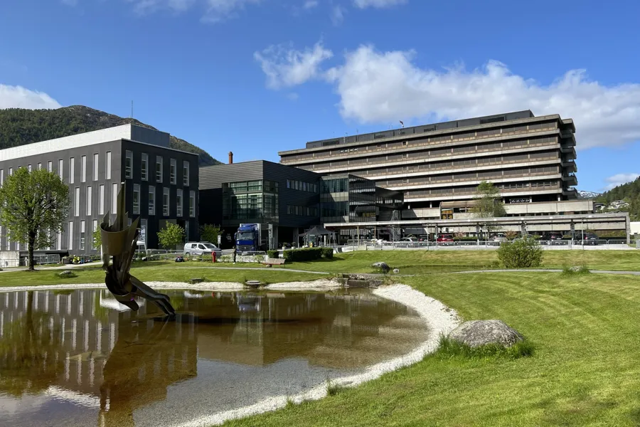 Sjukehusparken med dammen og skulpturen av ei hand, framfor Førde sentralsjukehus.