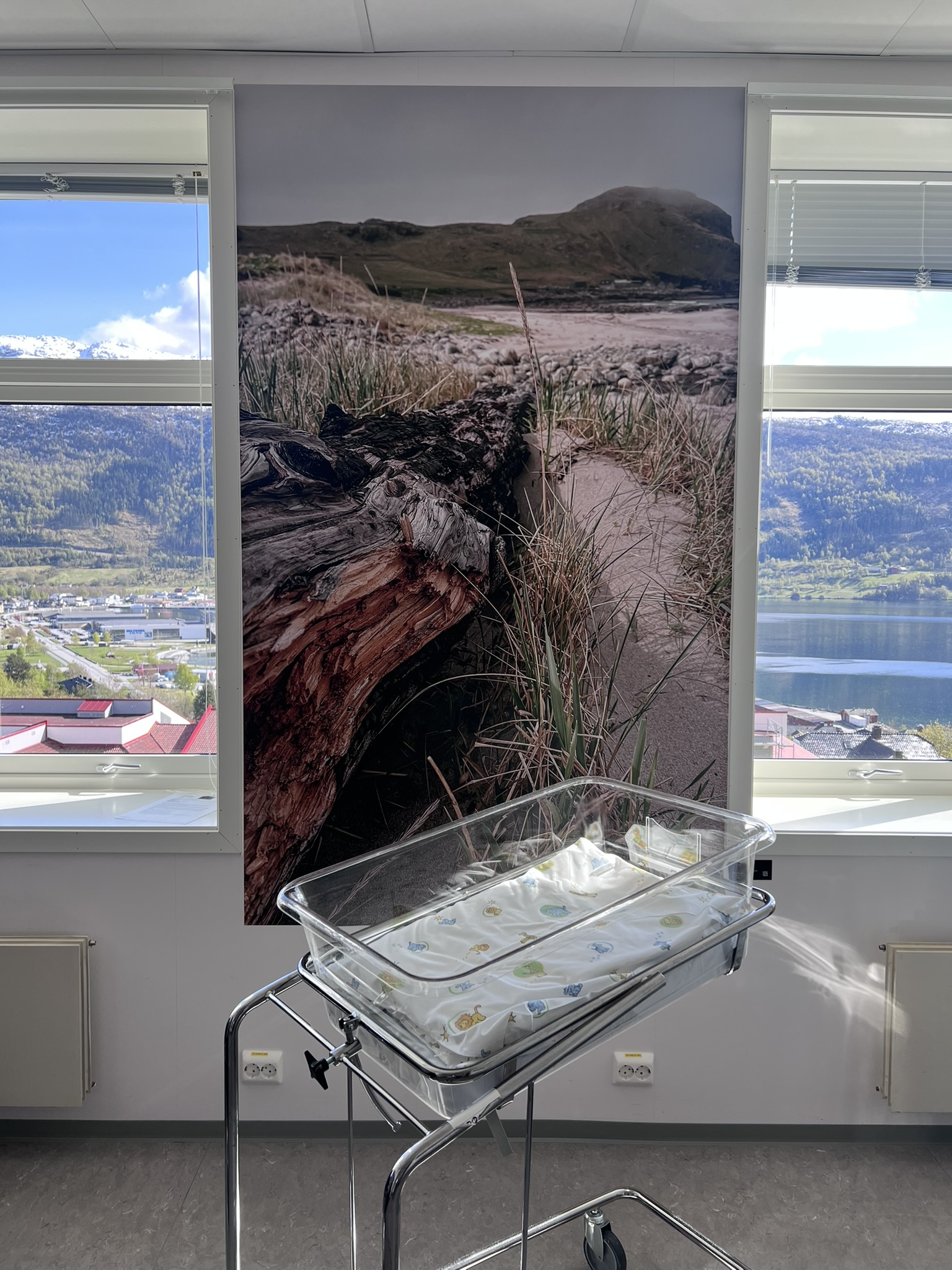 Fotokunst som viser ei strand inne på eit barselrom med ei barneseng framfor