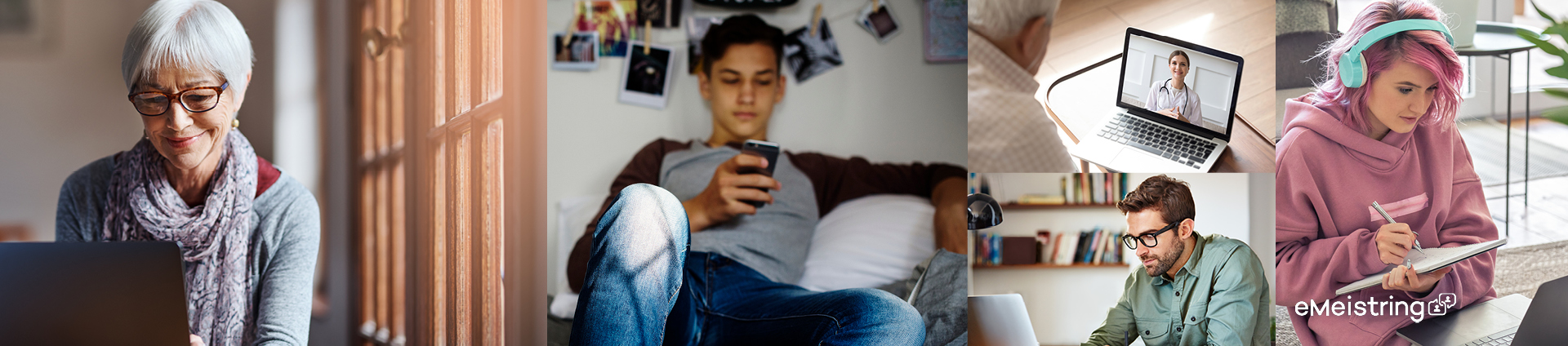 et sammensatt bilde av en eldre dame som sitter med en pc, en ung gutt med en mobiltelefon, en ung mann som har videosamtale med en behandler, og en tenåringsjente som skriver på en blokk