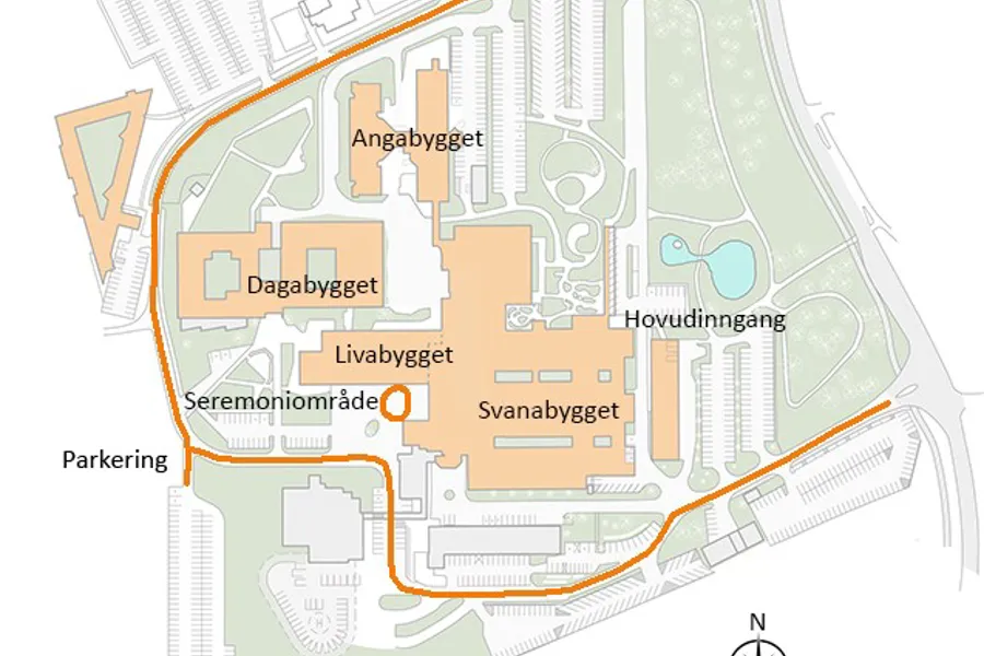 Illustrasjon som viser bygningane ved Førde sentralsjukehus