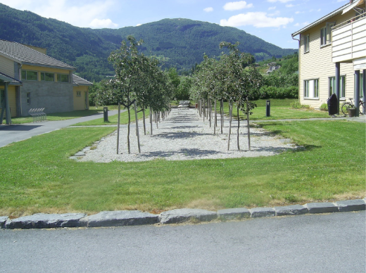 Ein liten gårdsplass mellom bygga ved Indre Sogn psykiatrisenter, med tre og gras.