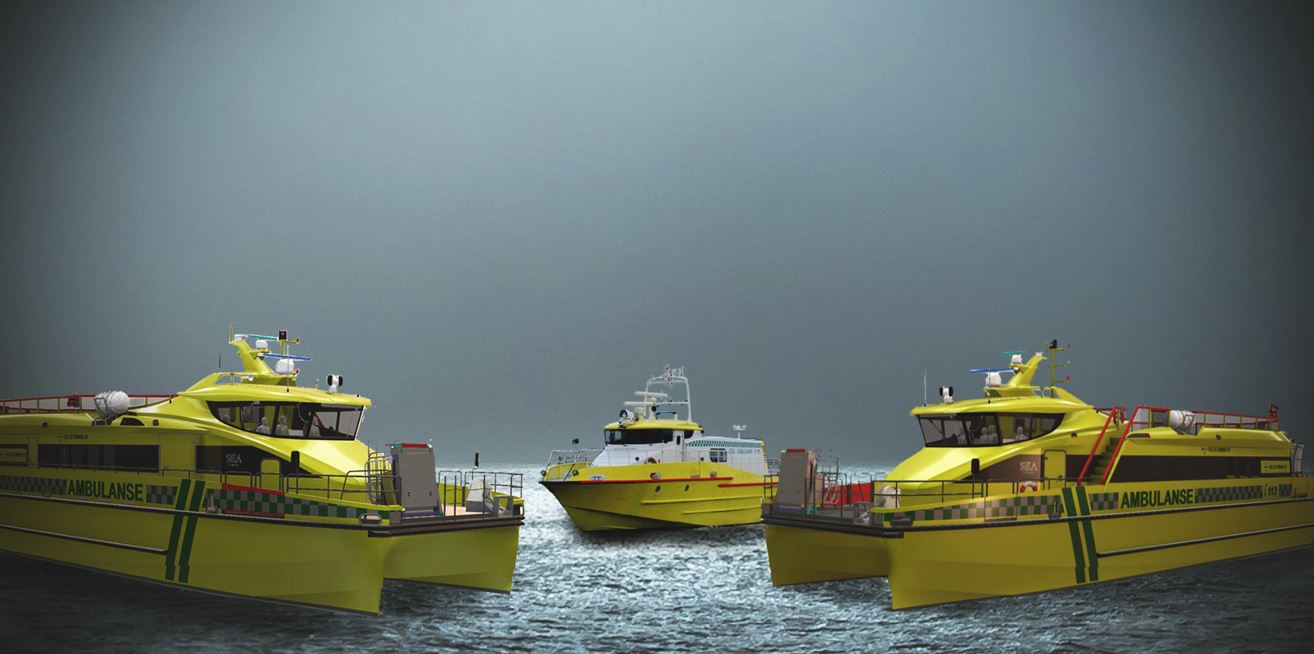 tre gule ambulansebåtar som ligg saman på sjøen