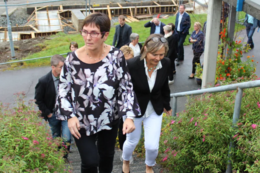 En gruppe mennesker som går på en sti med planter og blomster