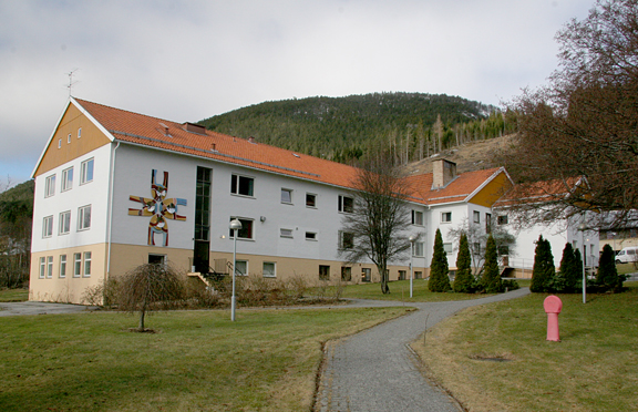 En stor bygning med en plen foran seg