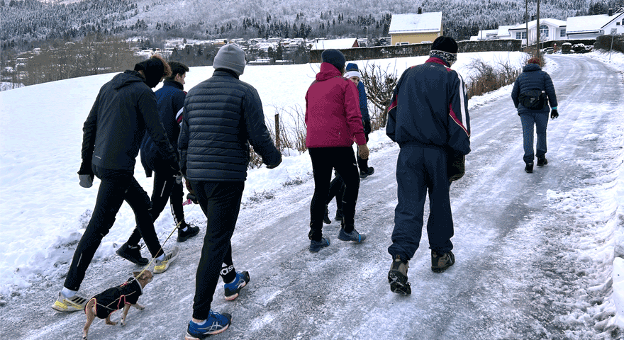 Ei gruppe mennesker og ein hund som er ute og går i ein bakke på snøføre