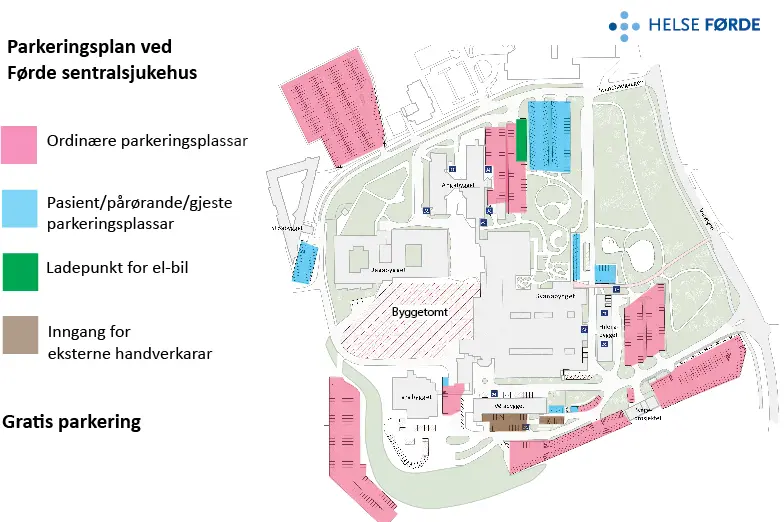 Kart over parkeringsplassar ved Førde sentralsjukehus