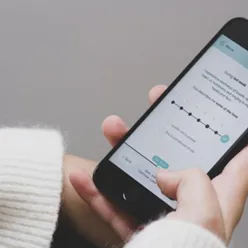 Ein person som held ein telefon med eit utfyllingsskjema