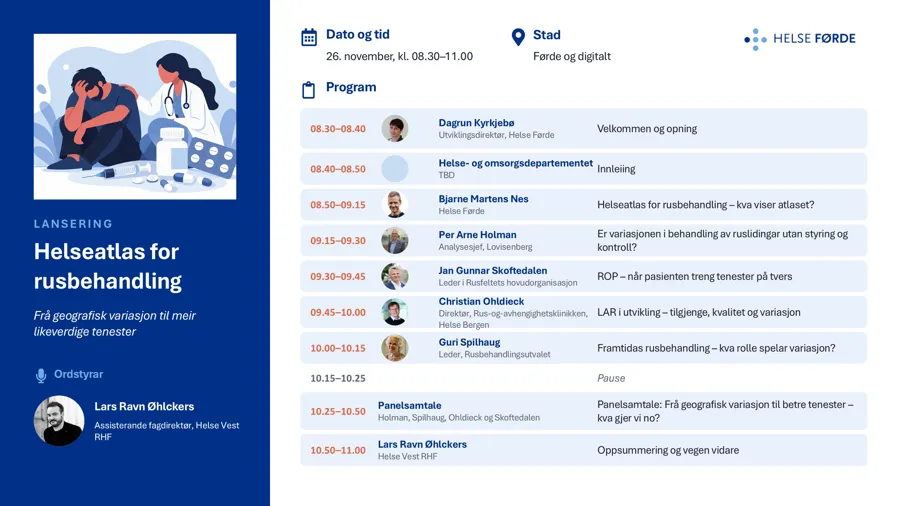 Eit detaljert bilde som viser programmet med tidspunkt for lanseringa av helseatlas for rusbehandling