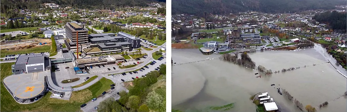 En elv med bro og bygninger