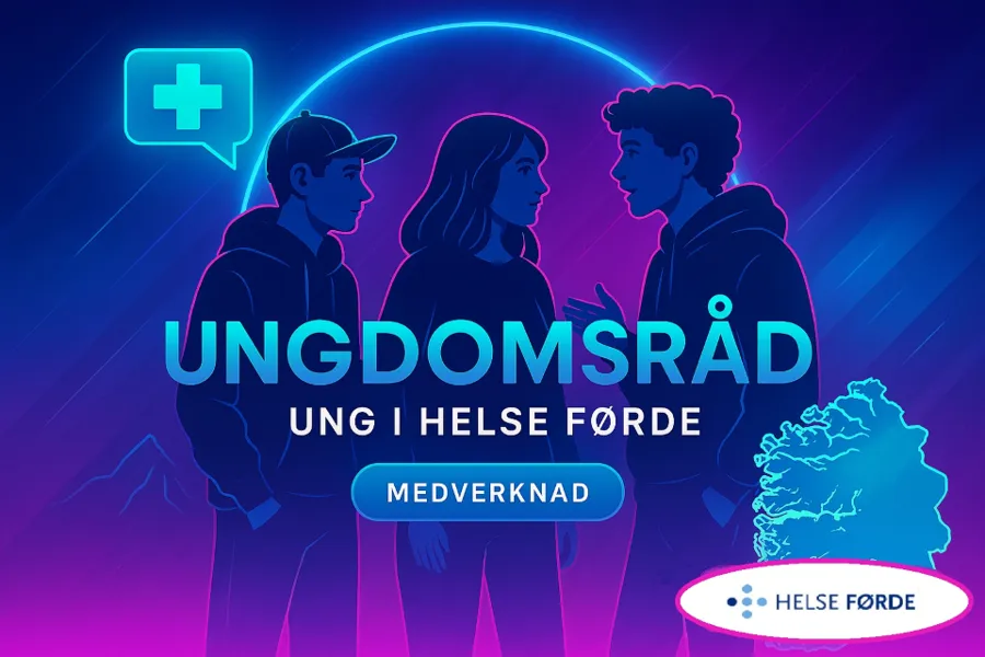 Illustrasjon som viser tre ungdomar i samtale på ein lilla og rosa bakgrunn, og med teksten "Ung i Helse Førde"